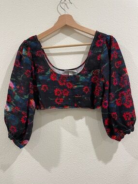Rachel Comey Floral Scoop Neck Puff Sleeve Crop Top Navy Red Size 4